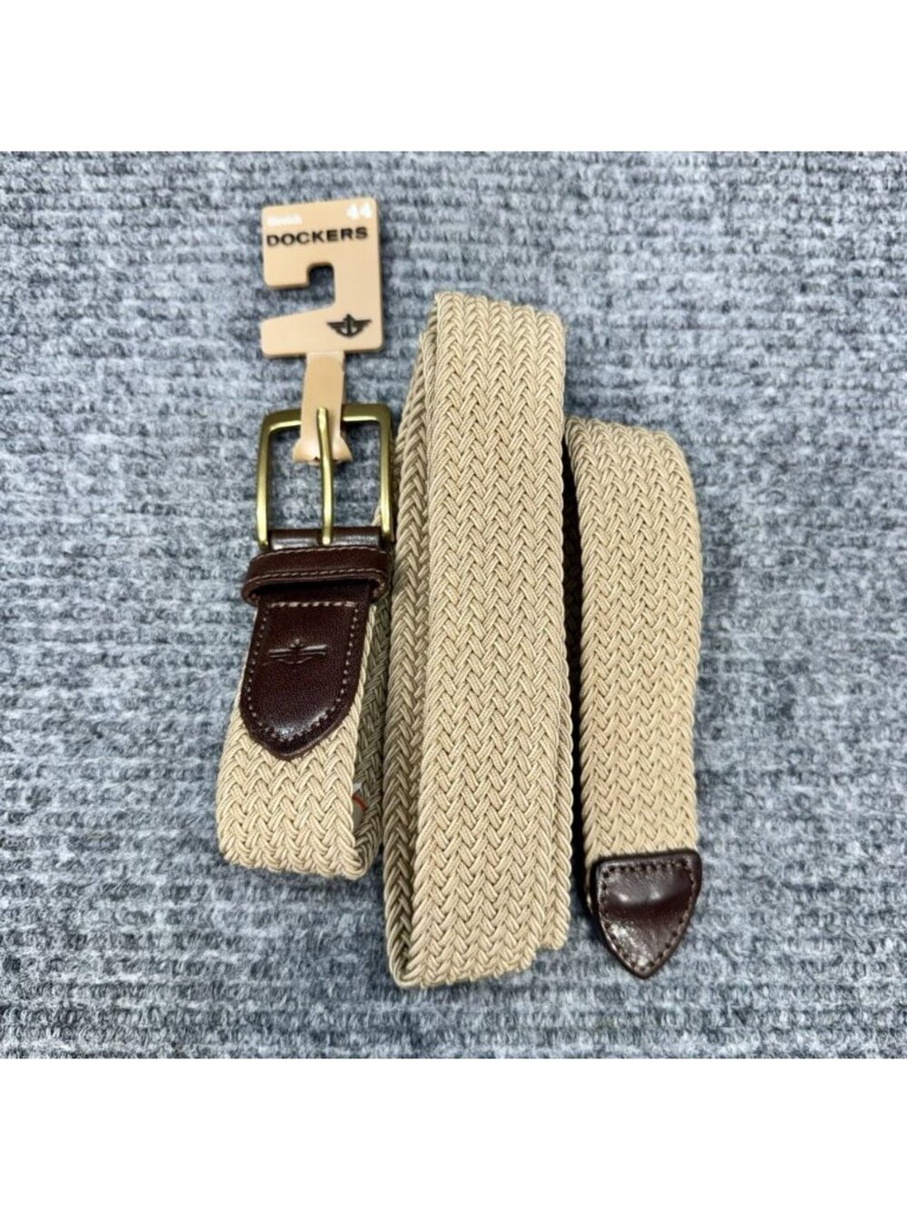 Dockers Woven Belt Mens 44 Khaki Tan Brown Leather Trim Stretch Braided NEW